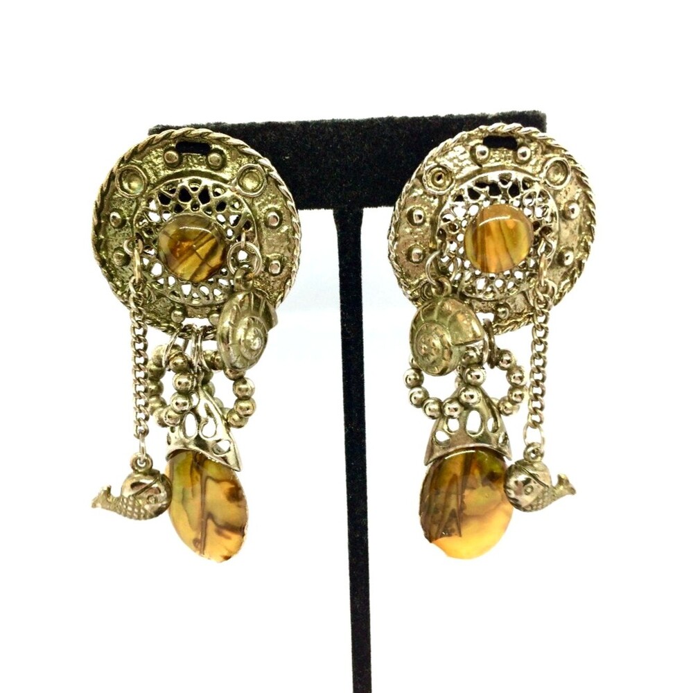 VINTAGE FISH EARRINGS Faux Abalone Dangle Silver Tone Boho Coastal Nautical